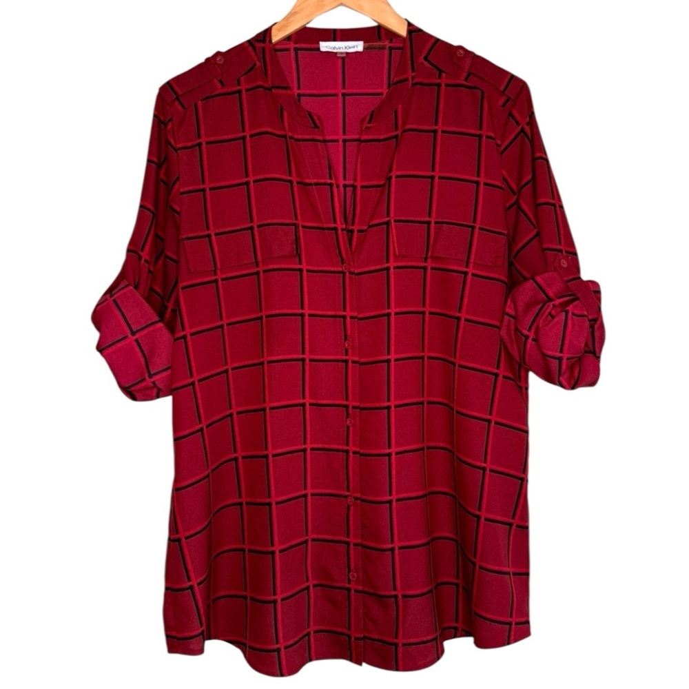 Calvin Klein Epaulette Shadow Windowpane Button-Down Shirt With Roll Tab Sleeve - Picture 2 of 8